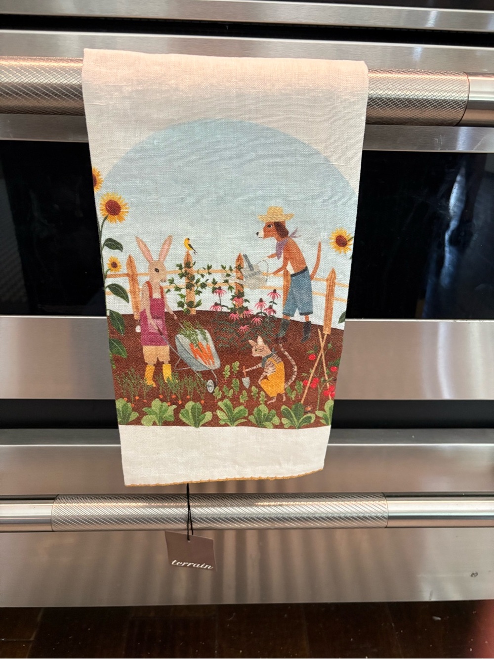 Terrain Linen Farmyard Garden Tea Towel - Bunny & Dog Harvest Scene